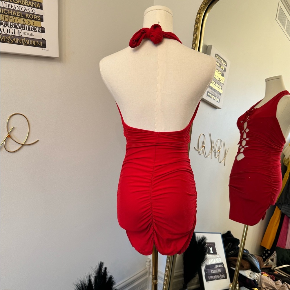 Red Backless Halter Bodycon Dress - Picture 3 of 3